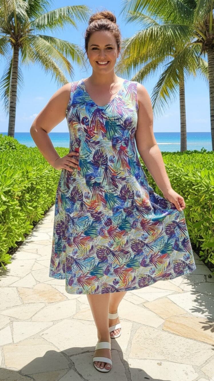 Jessica London 20W Multi- colored Palm Leaves Vacation Beach Chiffon Tank Dress